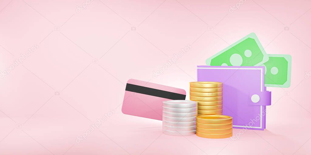 Wallet and a lot of money, concept saving money for finance accounting - 3D render