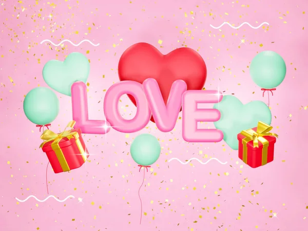 Sevgililer günün kutlu olsun, aşk mesajı, hediye kutusu, parıltılı altın konfeti. Tatil afişi, poster - 3D canlandırma