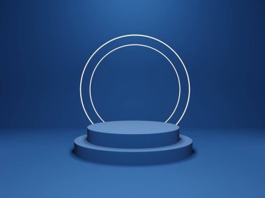 3D oluşturma - Mavi arkaplanda mavi podyum, kozmetik parfüm için görünüm doğal ürün, basit temiz tasarım, lüks minimalist model.