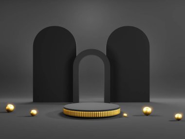 3D oluşturma - Siyah podyum, siyah renk arkaplanı, kozmetik parfüm için görünüm doğal ürün, basit temiz tasarım, lüks minimalist model.