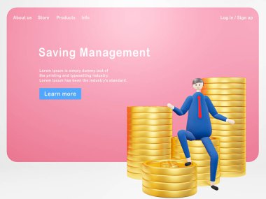 3D illüstrasyon karikatürü Para biriktirme, para biriktirme kavramını yöneten iş adamı - Web afişi, site sayfası, bilgi grafikleri