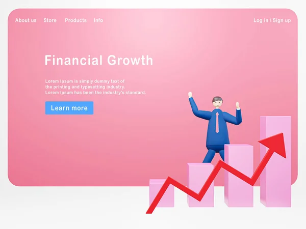 3d illustration cartoon Businessman with financial growth, Dashboard with the analysis of finance - Web banner, start site page, infographics
