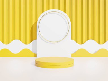 3D görüntüleme - sarı arka planda en az sarı podyum, kozmetik parfüm için görünüm doğal ürün, basit temiz tasarım, lüks minimalist modelleme.