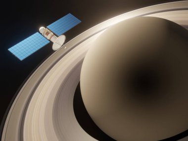 SATURN ve uzay gemisinin bir uzay arkaplanındaki görüntüsü, güneş sistemindeki gezegen, galaksi, evren - 3D görüntüleme