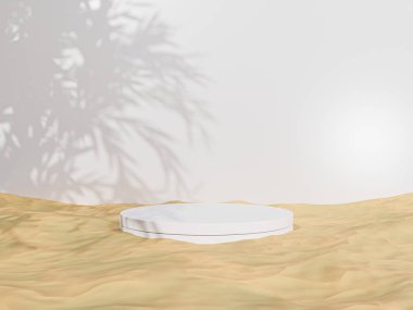 3D görüntüleme - Kum arka planda beyaz podyum, kozmetik parfüm için görüntü doğal ürün, basit temiz tasarım, lüks minimalist modelleme.
