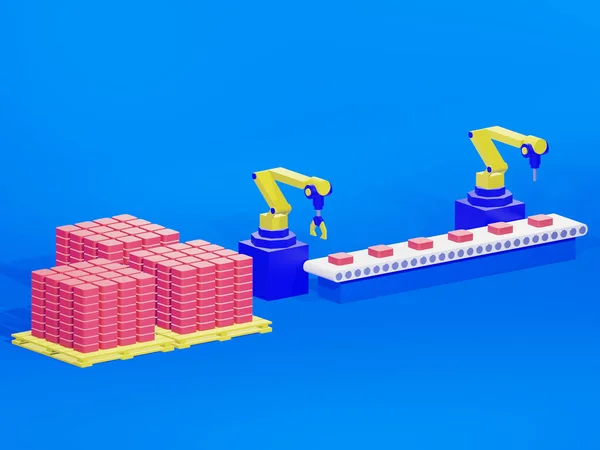 3D image warehouse robot working in factory, Interior of warehouse in logistic center, robotic arms with conveyor lines, robot arms, conveyor line in factory - 3d render