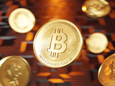Devre kartındaki altın bitcoinler, kripto para kavramı. 3B Hazırlama