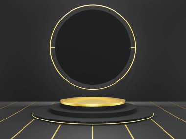 3D oluşturma - Siyah podyum, siyah renk arkaplanı, kozmetik parfüm için görünüm doğal ürün, basit temiz tasarım, lüks minimalist model.