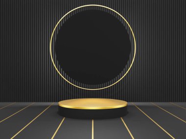 3D oluşturma - Siyah podyum, siyah renk arkaplanı, kozmetik parfüm için görünüm doğal ürün, basit temiz tasarım, lüks minimalist model.