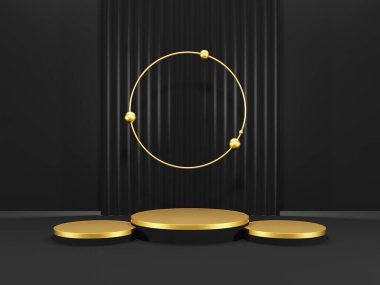 3D oluşturma - Siyah podyum, siyah renk arkaplanı, kozmetik parfüm için görünüm doğal ürün, basit temiz tasarım, lüks minimalist model.