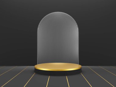 3D oluşturma - Siyah podyum, siyah renk arkaplanı, kozmetik parfüm için görünüm doğal ürün, basit temiz tasarım, lüks minimalist model.