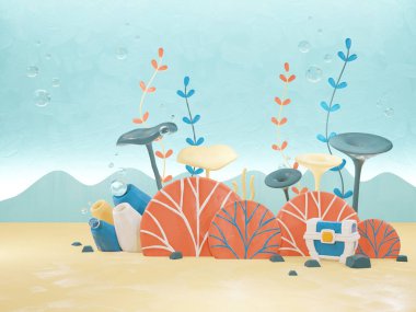 Çizgi film 3D görüntü denizi, Sualtı Sahnesi Kil 3D illüstrasyon, plastik- 3D canlandırma