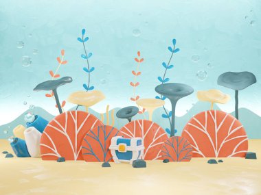 Çizgi film 3D görüntü denizi, Sualtı Sahnesi Kil 3D illüstrasyon, plastik- 3D canlandırma