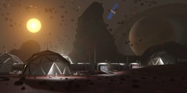 Mars 'ın 3 boyutlu yüzeyi, koloni binaları, Mars' taki koloni, Depo depoları. - 3D görüntüleme