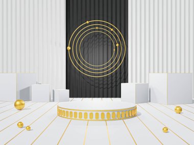 Beyaz podyum, arka planda en az yer alan beyaz podyum, kozmetik parfüm için görünüm doğal ürün, basit temiz tasarım, lüks minimalist modelleme - 3d