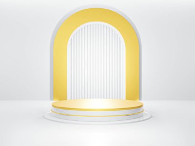 Beyaz podyum, arka planda en az yer alan beyaz podyum, kozmetik parfüm için görünüm doğal ürün, basit temiz tasarım, lüks minimalist modelleme - 3d