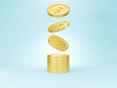 Para, büyük para ikonu, büyük para ikonu. Mavi arka planda izole edilmiş yüzlerce dolar, tasarruf edilen finansal amaç kavramı - 3D oluşturma