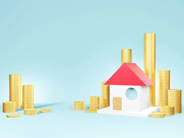 Obraz Domu Pěstování Zlaté Mince Krásném Modrém Pozadí Mince Peníze — Stock fotografie