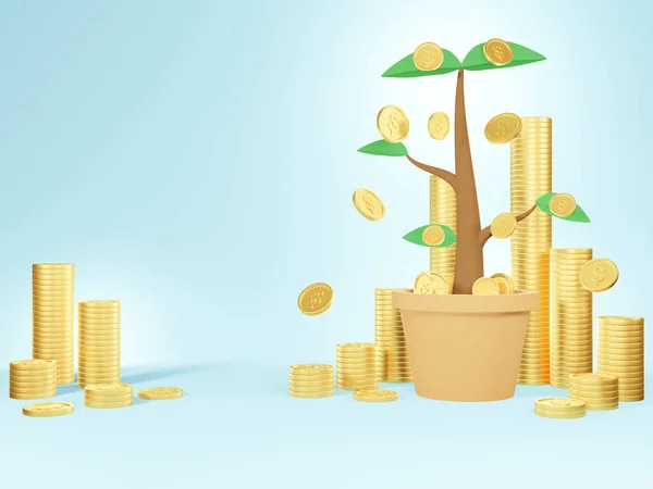 money tree with coins money cash isolated on blue background, saving money financial goal concept - 3D render