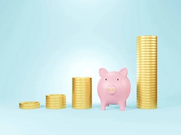 Piggy bank with coins money cash isolated on blue background, saving money financial goal concept - 3D render