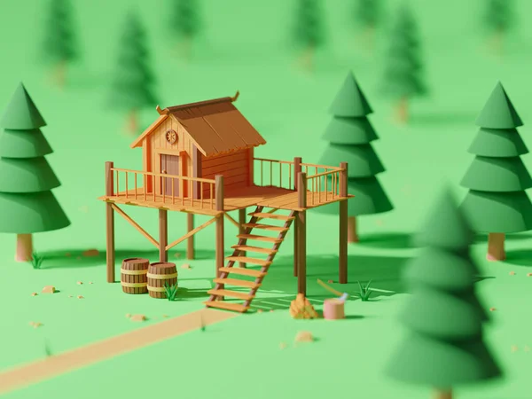 3D cartoon Wooden house in the forest, in the morning - 3D render