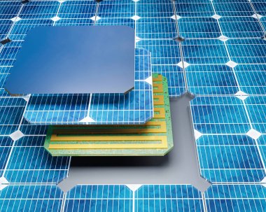 Bir güneş panelinin parçalarını gösteren grafik, mavi güneş enerjisi, fotovoltaik panel - 3D illüstrasyon