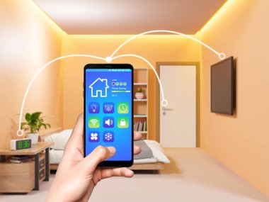 Akıllı ev teknolojisi arayüzü akıllı telefon uygulaması ekranında yatak odası arka planında, Akıllı ev konsepti - 3D renderin