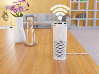 ses kontrollü akıllı hoparlör Livingroom arka planı, Akıllı ev konsepti, AI - 3D görüntüleme