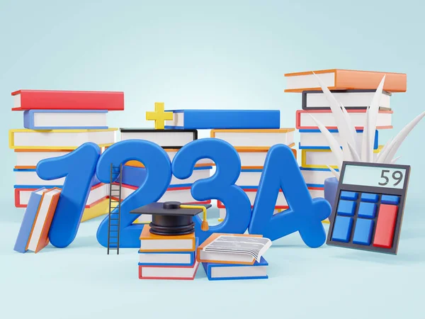 School Supplies and Mathematics isolate blue background, Education concept - 3d render illustration