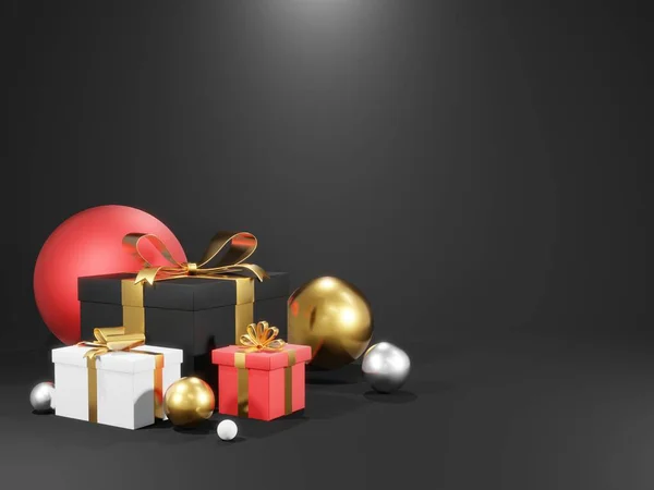 Caja Regalo Navidad Con Decoraciones Doradas Destellos Sobre Fondo Negro — Foto de Stock