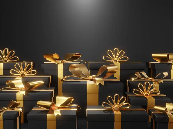 Weihnachtsgeschenkbox Mit Goldenen Dekorationen Und Funkeln Auf Schwarzem Hintergrund Render — Stockfoto