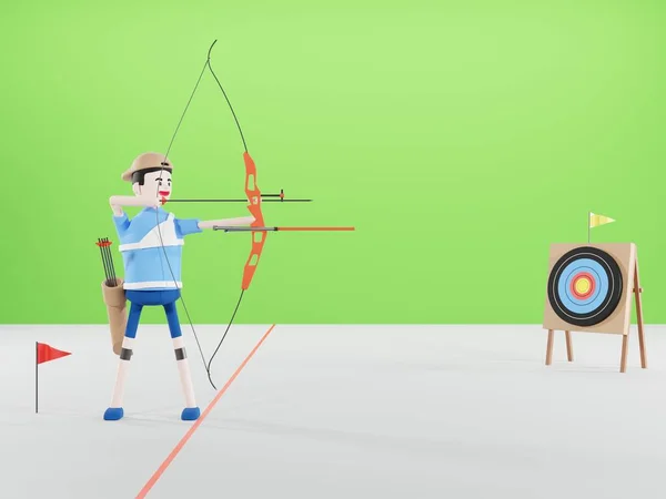 3D漫画のキャラクターの男は弓アーチェリーターゲットの背景に孤立して撮影されています アーチェリー弓 オリンピック 3Dイラスト — ストック写真