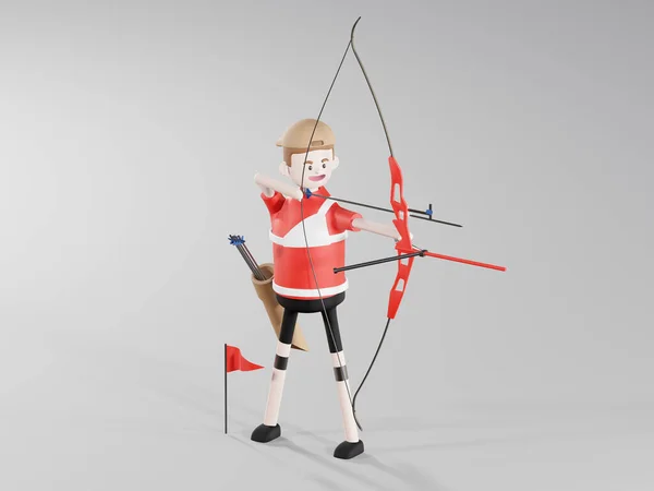 3D漫画のキャラクターの男は弓アーチェリーターゲットの背景に孤立して撮影されています アーチェリー弓 オリンピック 3Dイラスト — ストック写真