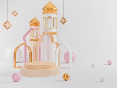 Camii olan İslami podyum dekorasyonu, yeni ürün için vitrin, tanıtım satışı, afiş, indirim, sunum, kozmetik - 3D illüstrasyon