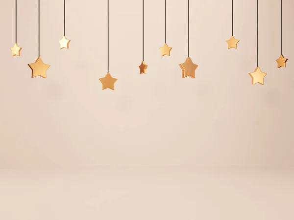 Estrelas Douradas Penduradas Cima Isoladas Fundo Branco — Fotografia de Stock