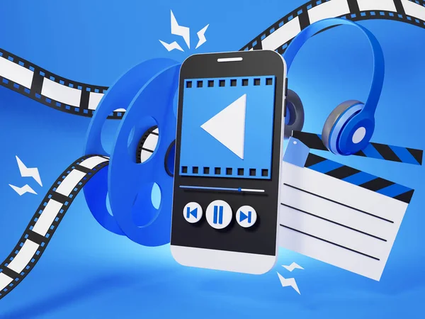 Ver Películas Cine Medios Entretenimiento Línea Fondo Azul Aislado Smartphone —  Fotos de Stock