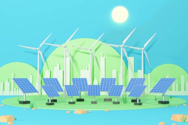 Rüzgar türbinleri ve yenilenebilir temiz enerji, yeşil enerji üreten güneş panelleri, dünya konseptini kurtarır - 3D render