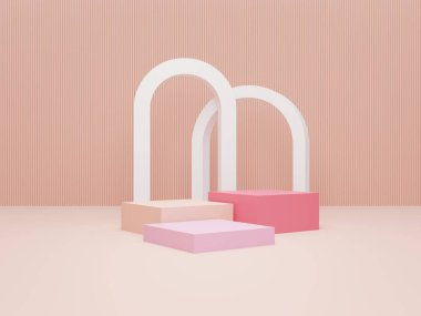 Pembe podyum, pembe renk arka planında minimal, kozmetik parfüm için görünüm doğal ürün, basit temiz tasarım, lüks minimalist model - 3d