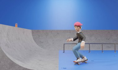 3 boyutlu çizgi film karakteri kaykay pistinde kayıyor mavi arkaplanı, kaykay parkını, 3D rengini ayırıyor..