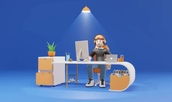 Cartoon Character Businessman Computer Laptops Sitting Desk Isolate Blue Background — Stock Photo, Image