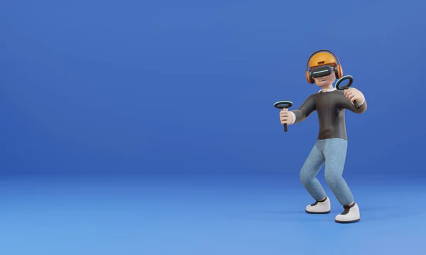 3D漫画のキャラクター仮想現実ヘッドセットとゲームパッドを使用してゲームをプレイする男はぼかしの背景を隔離する 3Dレンダリングイラスト — ストック写真