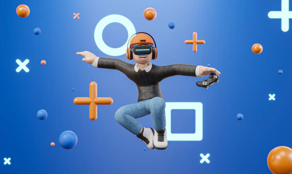 Cartoon Character Man Wearing Virtual Reality Glasses Floating Air Playing — Stock Photo, Image