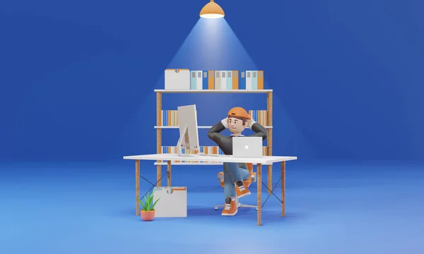 Personagem Desenho Animado Homem Está Trabalhando Casa Quer Ser Confortável — Fotografia de Stock