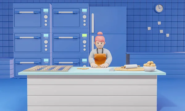 Cartoon Figur Rosa Haarige Frau Macht Kekse Der Küche Render — Stockfoto