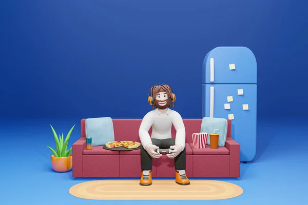 Cartoon Character Man Playing Games Sofa Render — Φωτογραφία Αρχείου