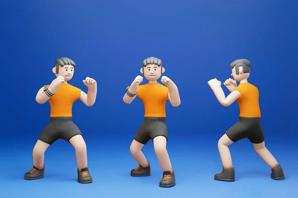 3D漫画のキャラクターの男が運動をし ボクシングのポーズは青の背景を隔離する 3Dレンダリング — ストック写真