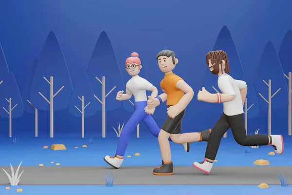 Zeichentrickfigur Gruppe Von Freunden Die Glücklich Park Joggen Gesunder Lebensstil — Stockfoto