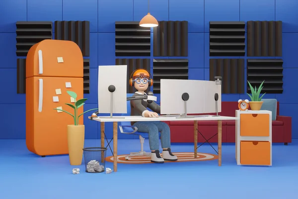 Cartoon Man Character Live Streaming Home Studio Professional Gaming Equipments — Stock Photo, Image