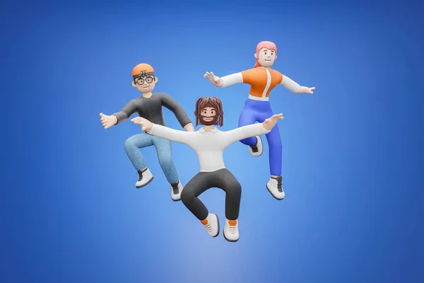 Cartoon Character Group Friends Jumping Teamwork Rendering — Stock Photo, Image