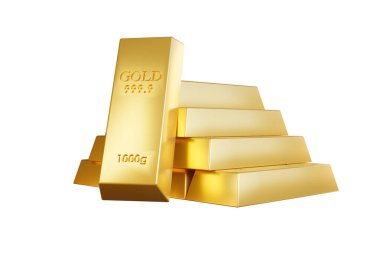 Beyaz arka planda bir piramit oluşturan parlak altın külçeler servetin, finansın ve yatırımdaki başarının sembolü.